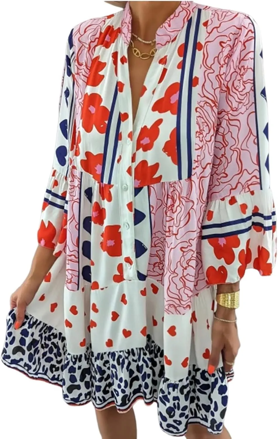 2025 Summer Dress for Women Casual V Neck 3/4 Sleeve Mini Dress Simple Floral Print Loose Shift Dresses