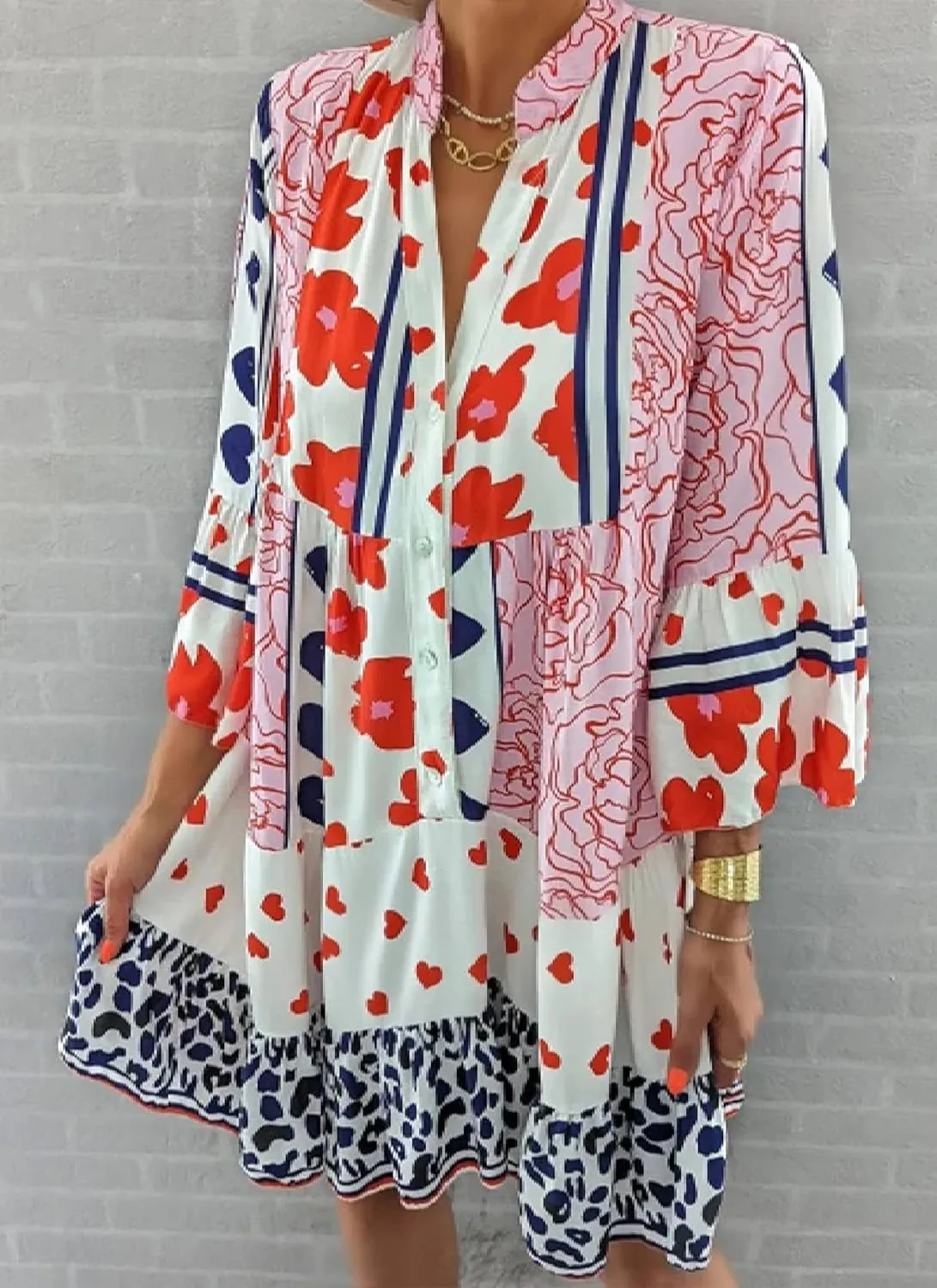 2025 Summer Dress for Women Casual V Neck 3/4 Sleeve Mini Dress Simple Floral Print Loose Shift Dresses
