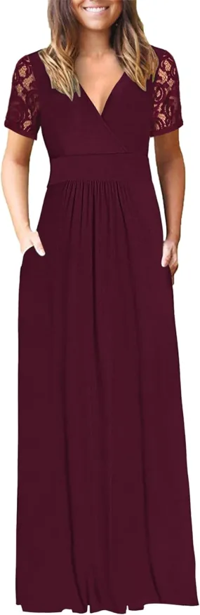 AUSELILY Womens Maxi Dress 2025 Summer Lace Short Sleeve V Neck Wrap Waist Long Dresses with Pockets