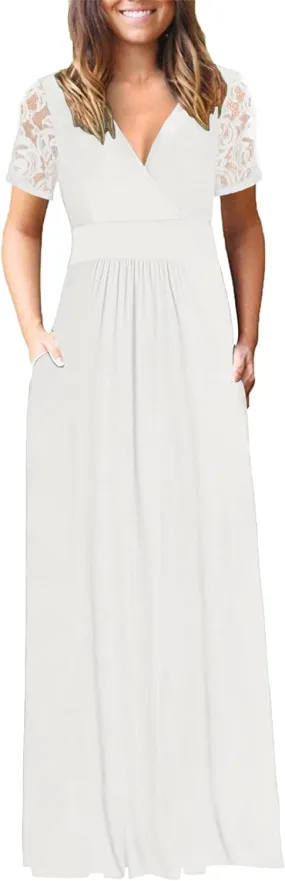 AUSELILY Womens Maxi Dress 2025 Summer Lace Short Sleeve V Neck Wrap Waist Long Dresses with Pockets