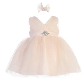 Baby Girls Blush Glitter Tulle V-Neck Rhinestone Brooch Flower Girl Dress 6M
