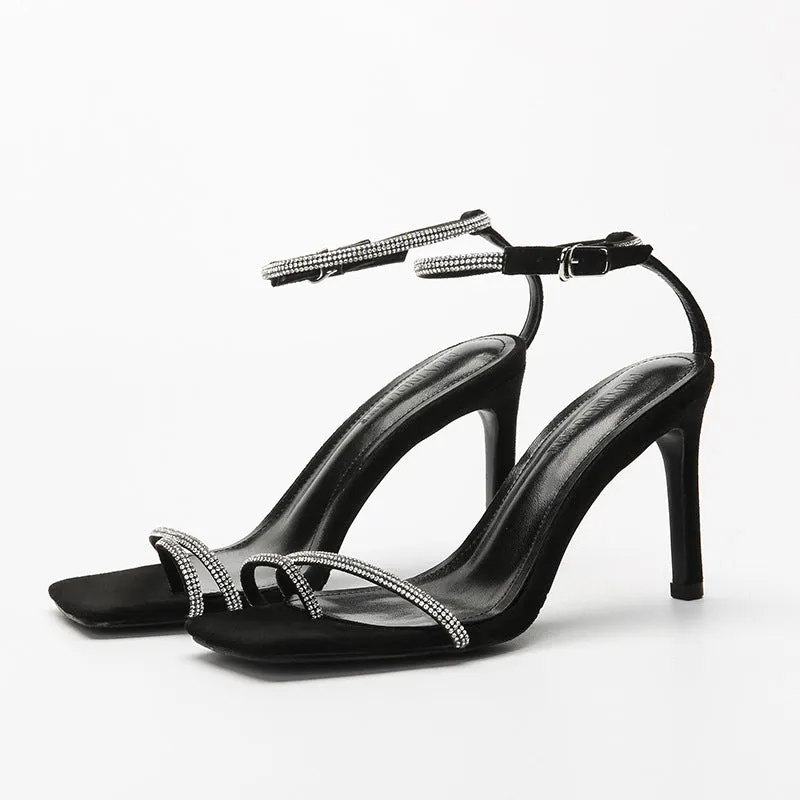 Black Headband with Rhinestone One-Strap High Heeled Sandals