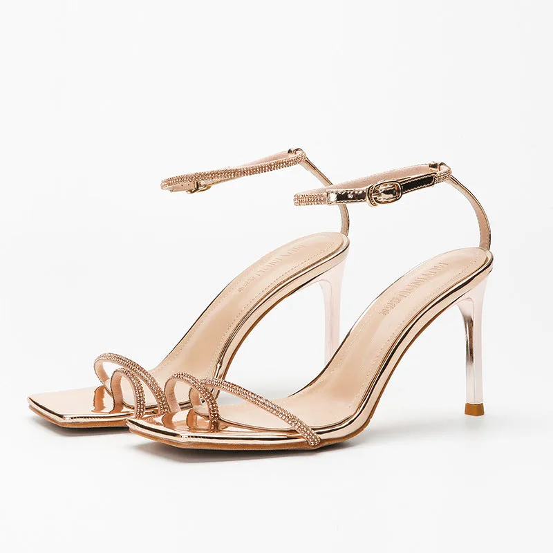 Black Headband with Rhinestone One-Strap High Heeled Sandals