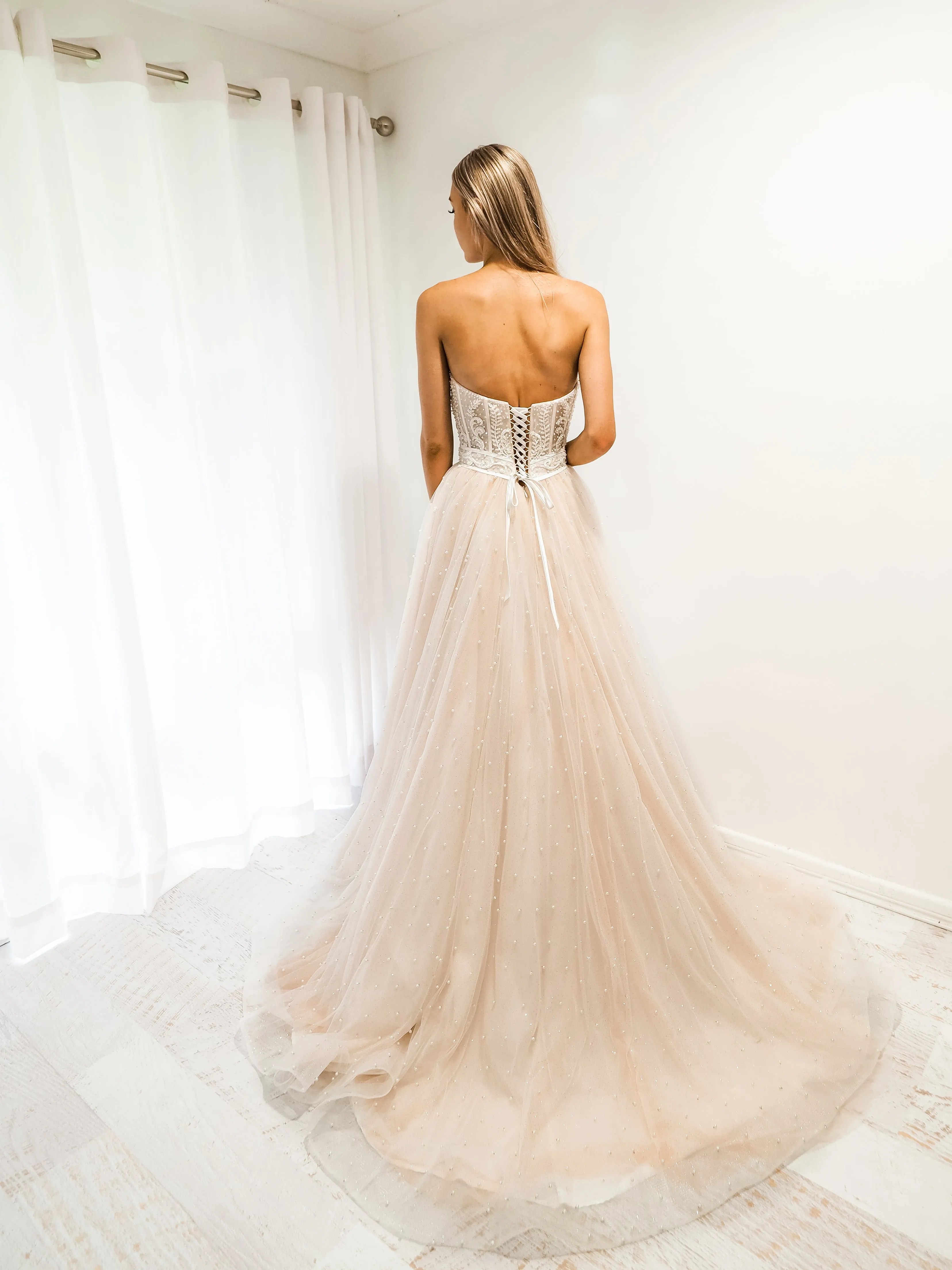 Blush tulle bustier corset dress for hire