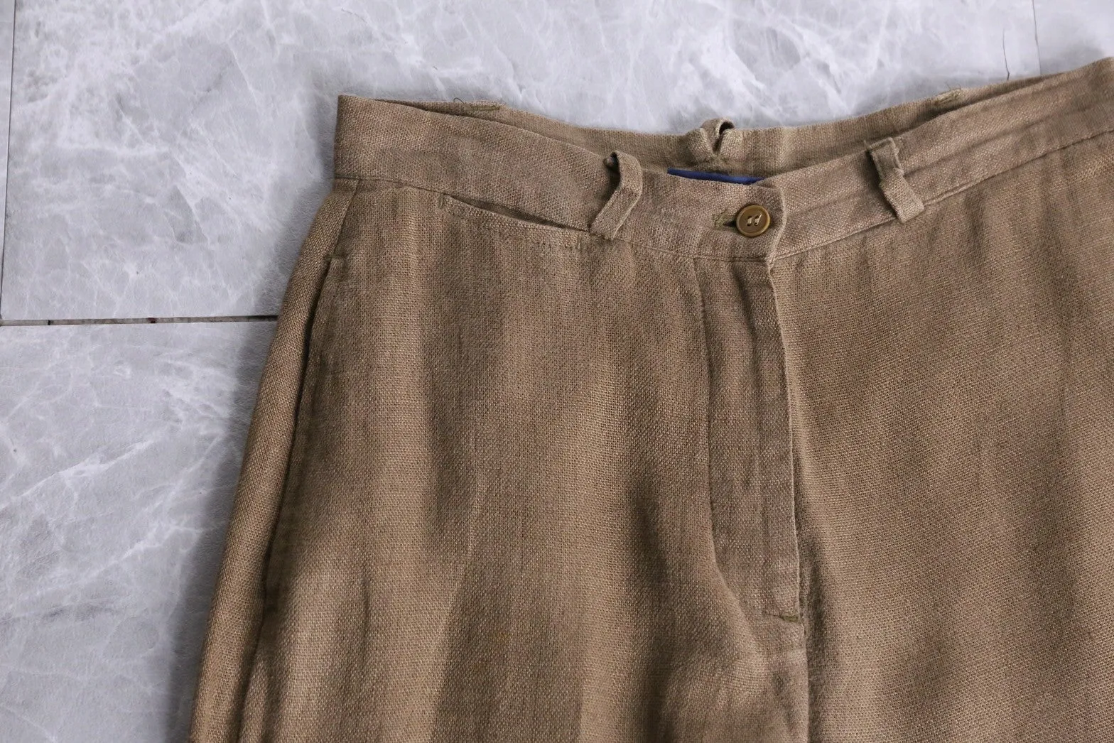 brown linen no-tuck trousers
