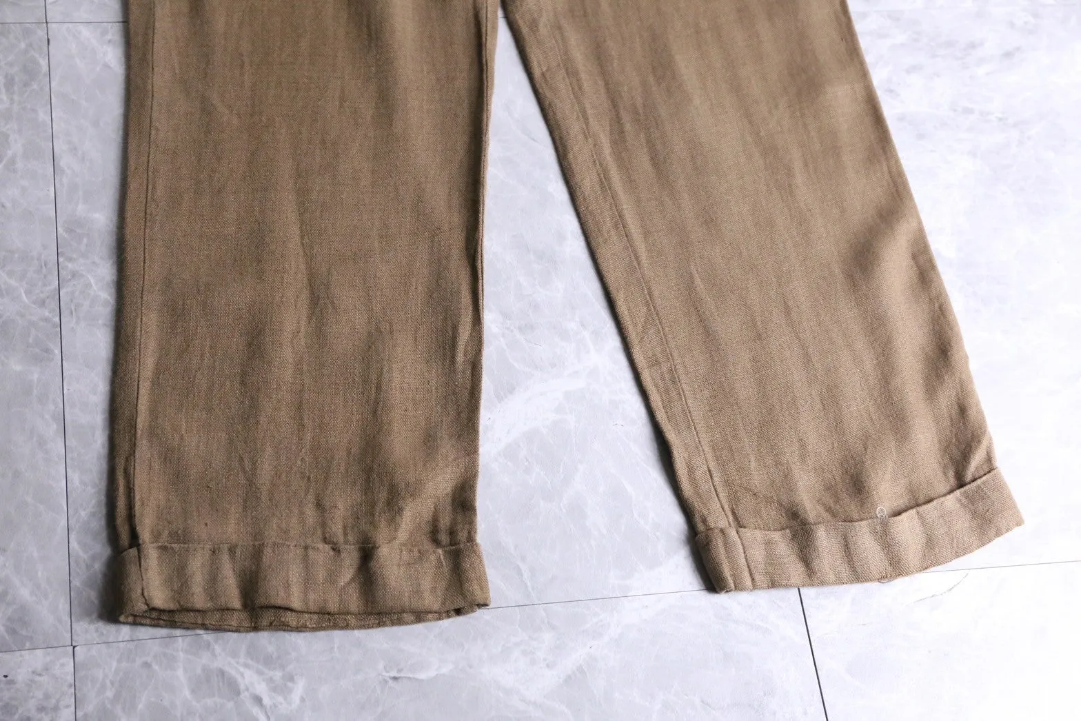 brown linen no-tuck trousers