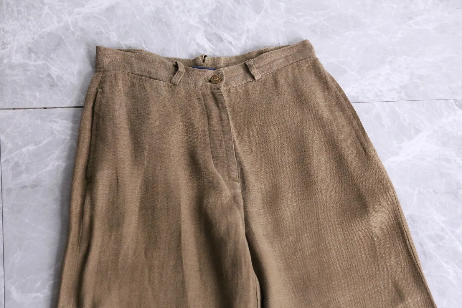 brown linen no-tuck trousers
