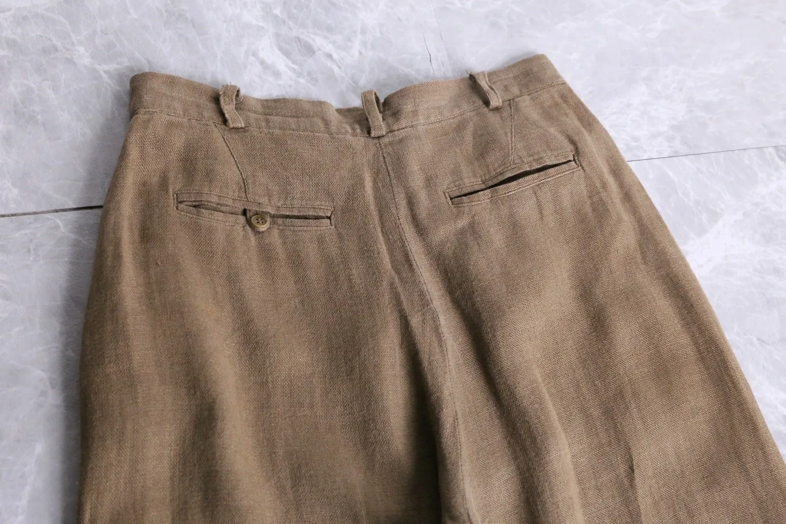 brown linen no-tuck trousers