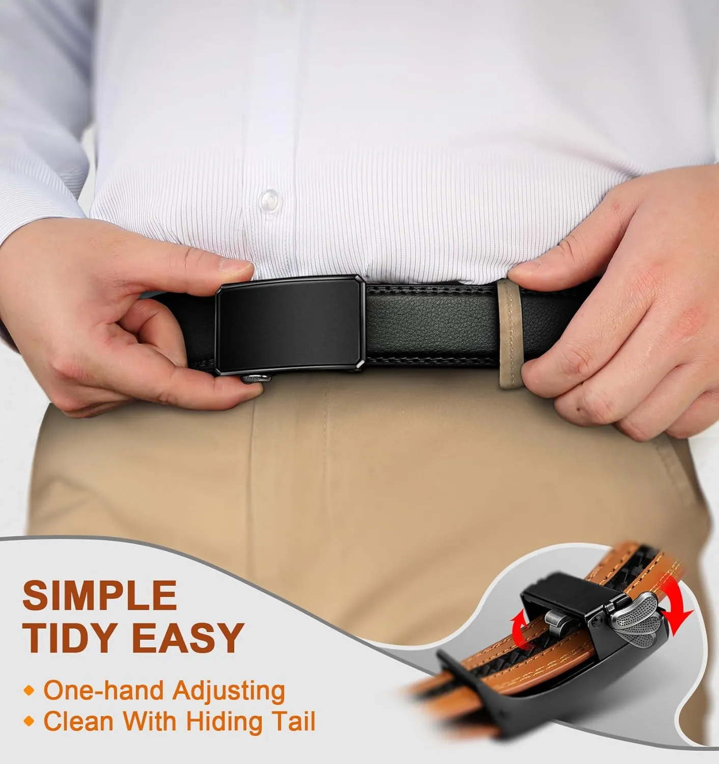 BULLIANT Men Belt 2Pack,Ratchet Click Adjustable Belt Genuine Leather For Gift Men Dress Casual Tailless Design-Cut For Fit