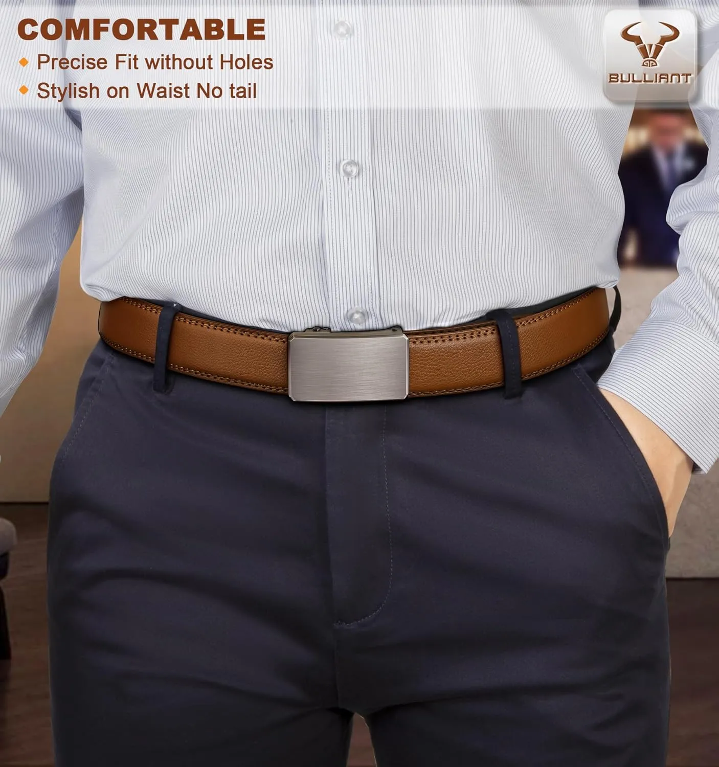 BULLIANT Men Belt 2Pack,Ratchet Click Adjustable Belt Genuine Leather For Gift Men Dress Casual Tailless Design-Cut For Fit