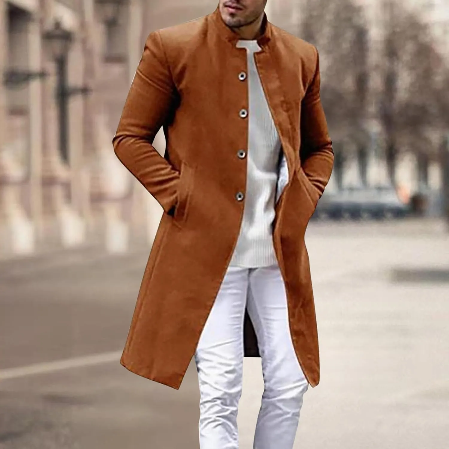 Business Cardigan for Men Open Front Button Down Coats Tweed Mid Length Coat Long Sleeve Jackets Stylish Light Coat
