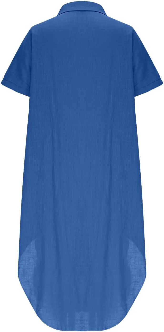 Button Down Collar Cotton Linen T Shirt Dress for Women Curved Hem Short Sleeve Solid Color Breathable Midi Dresses