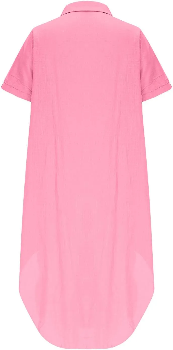 Button Down Collar Cotton Linen T Shirt Dress for Women Curved Hem Short Sleeve Solid Color Breathable Midi Dresses