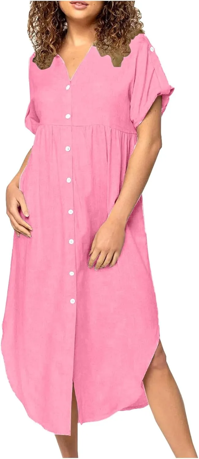 Button Down Collar Cotton Linen T Shirt Dress for Women Curved Hem Short Sleeve Solid Color Breathable Midi Dresses