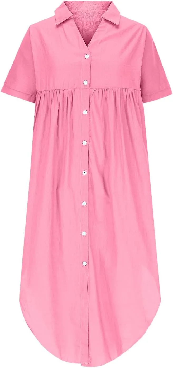 Button Down Collar Cotton Linen T Shirt Dress for Women Curved Hem Short Sleeve Solid Color Breathable Midi Dresses