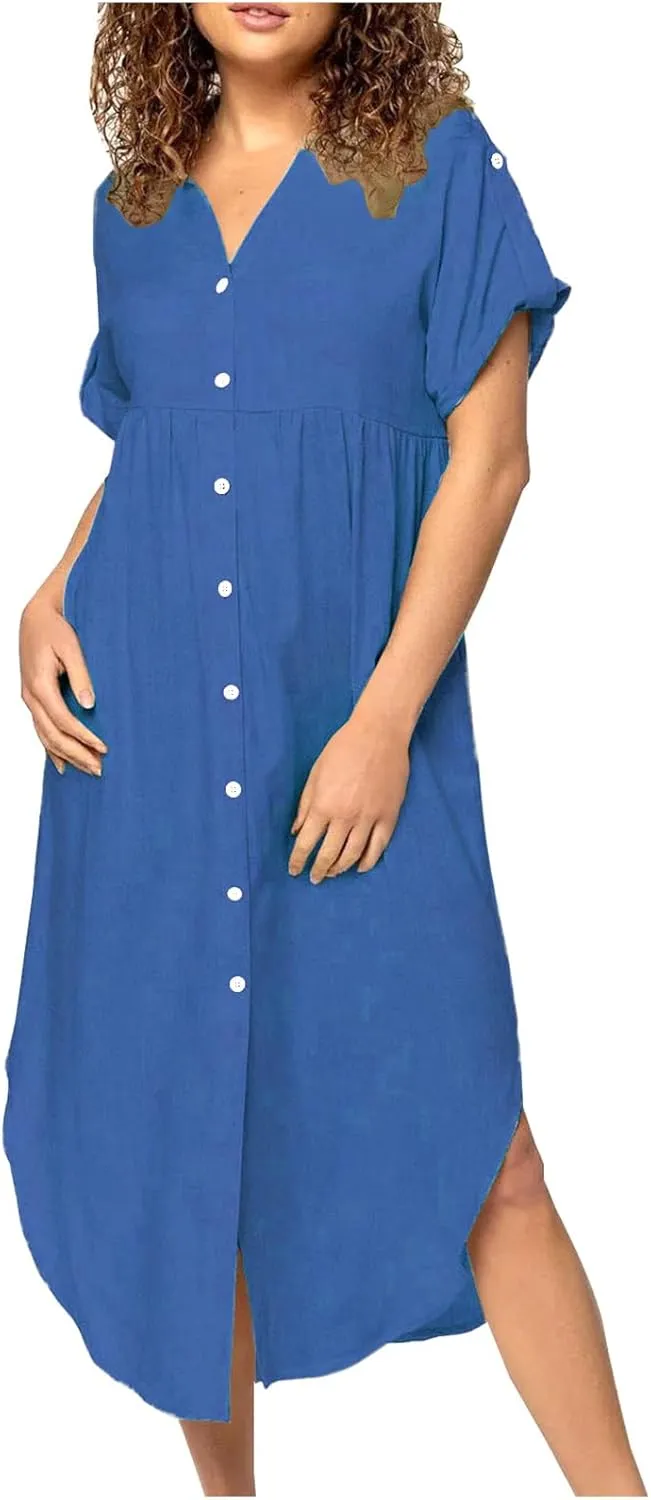 Button Down Collar Cotton Linen T Shirt Dress for Women Curved Hem Short Sleeve Solid Color Breathable Midi Dresses