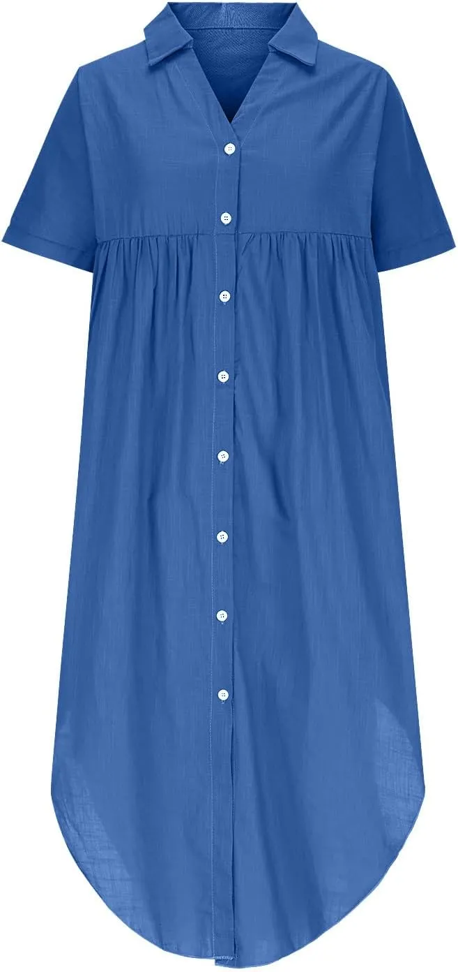 Button Down Collar Cotton Linen T Shirt Dress for Women Curved Hem Short Sleeve Solid Color Breathable Midi Dresses
