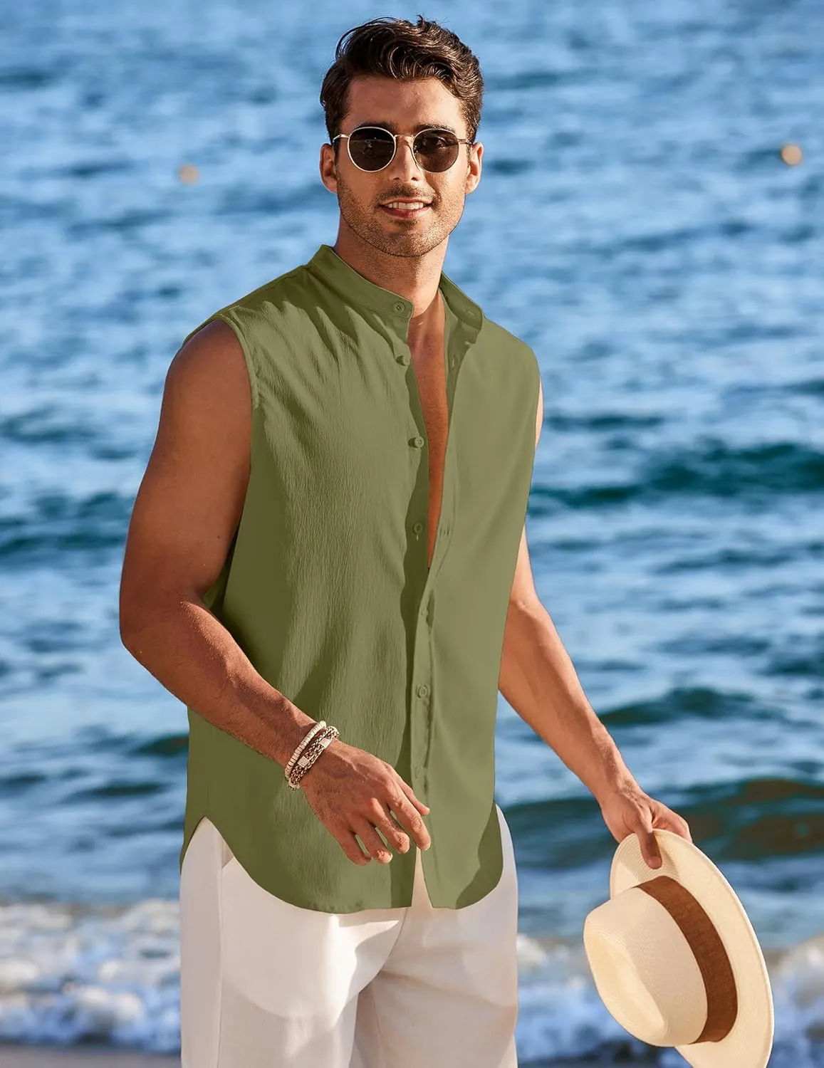 COOFANDY Men's Summer Beach Tank Tops Sleeveless Button Up Shirt Casual Textured Tank Shirts