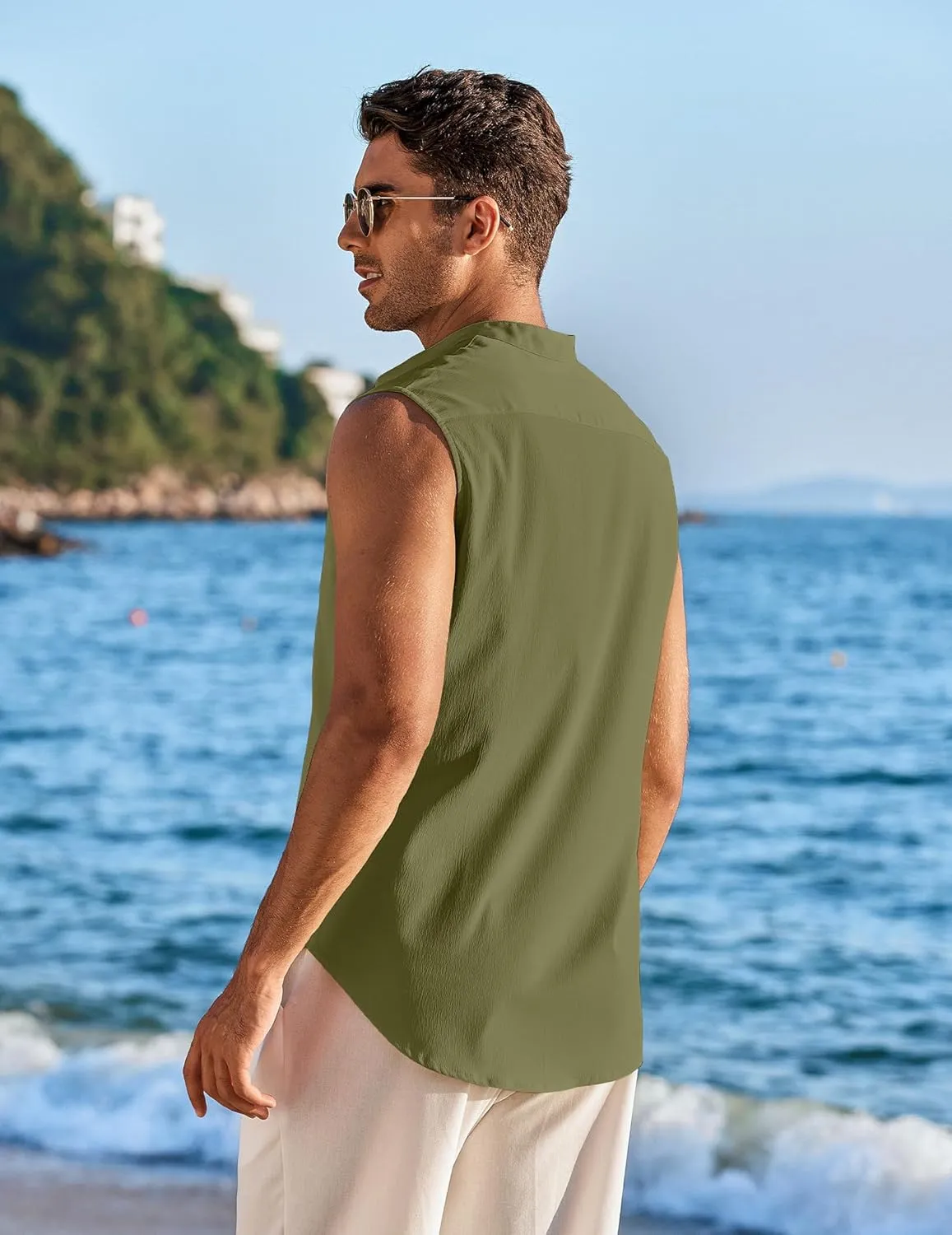 COOFANDY Men's Summer Beach Tank Tops Sleeveless Button Up Shirt Casual Textured Tank Shirts