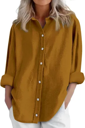 Cotton Line Shirts for Women Long Sleeve Lapel Button Down Tops Summer Loose Causal Sun Shirts Light Workout Outfits