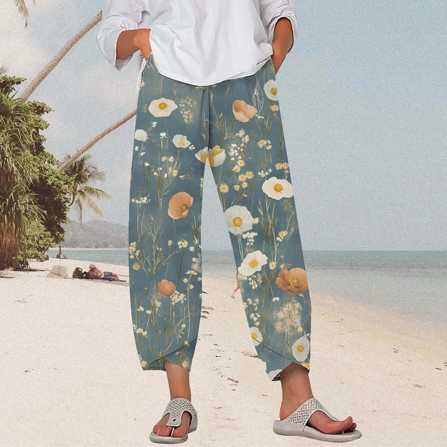 Cotton Linen Pants for Women 2025 Summer Capri Print Wide Leg Pants Palazzo Cropped Comfy Trousers with Pockets