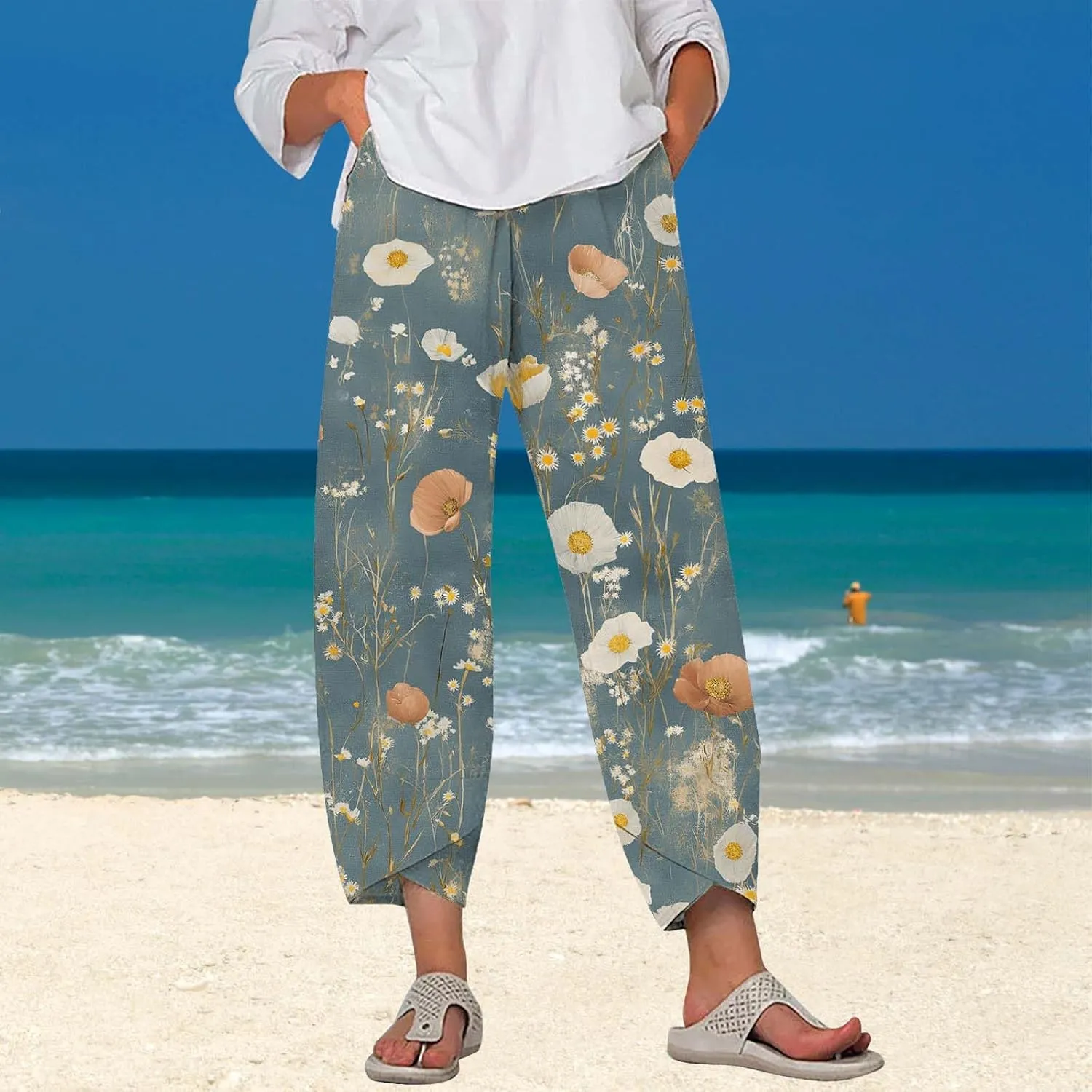Cotton Linen Pants for Women 2025 Summer Capri Print Wide Leg Pants Palazzo Cropped Comfy Trousers with Pockets
