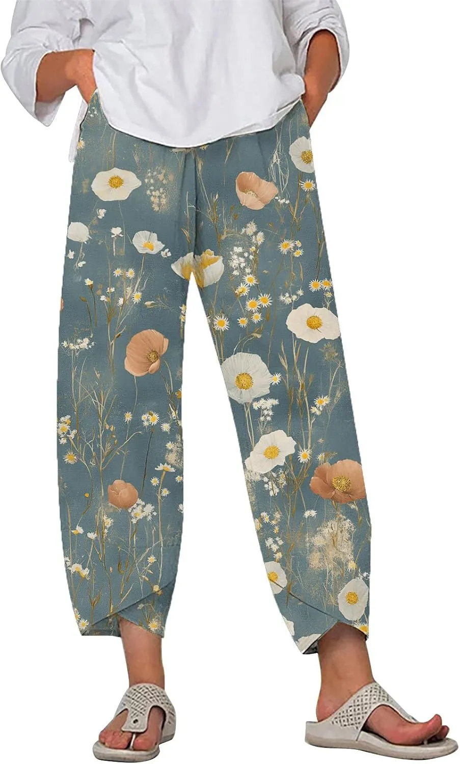 Cotton Linen Pants for Women 2025 Summer Capri Print Wide Leg Pants Palazzo Cropped Comfy Trousers with Pockets