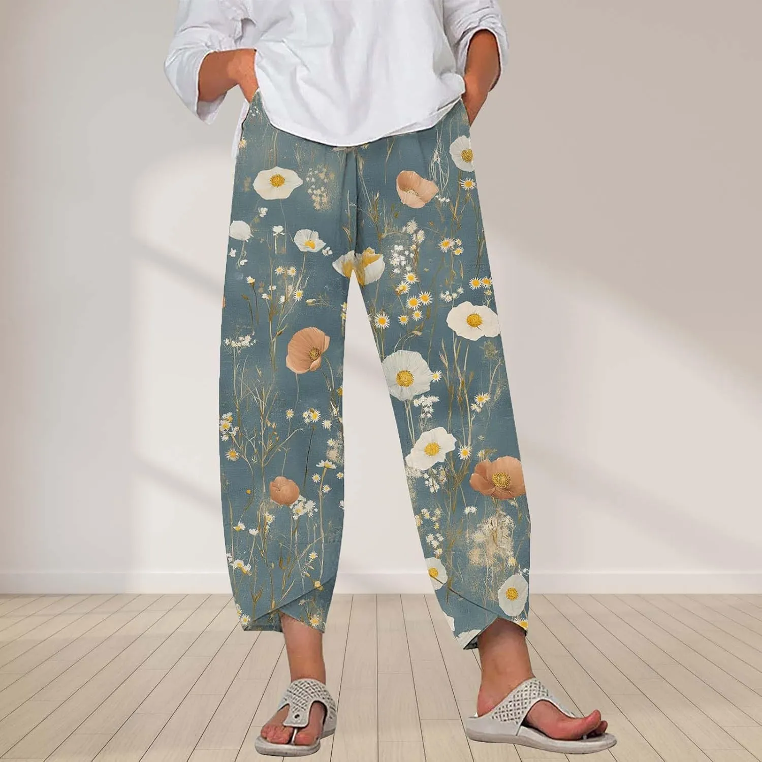 Cotton Linen Pants for Women 2025 Summer Capri Print Wide Leg Pants Palazzo Cropped Comfy Trousers with Pockets