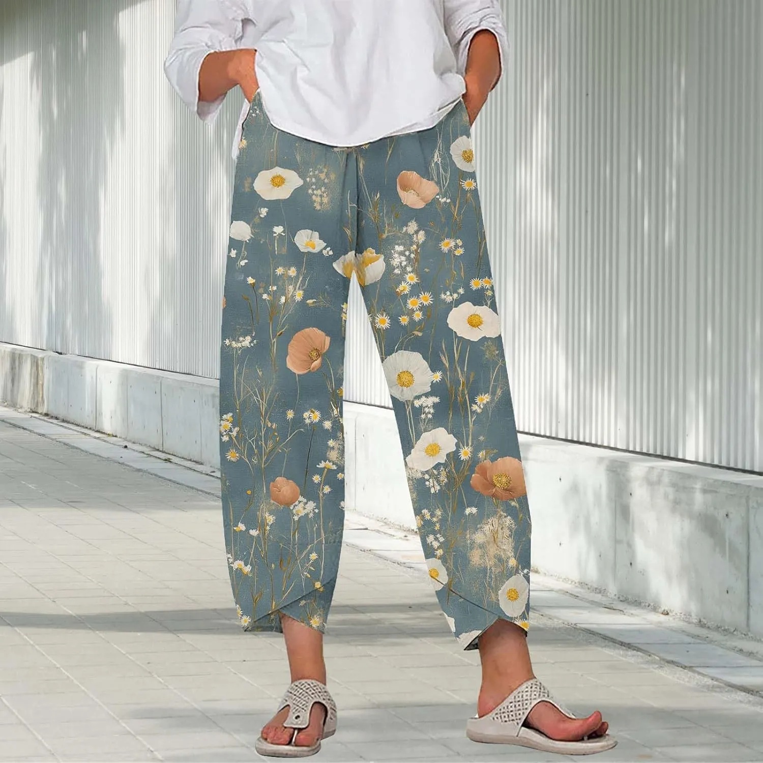 Cotton Linen Pants for Women 2025 Summer Capri Print Wide Leg Pants Palazzo Cropped Comfy Trousers with Pockets
