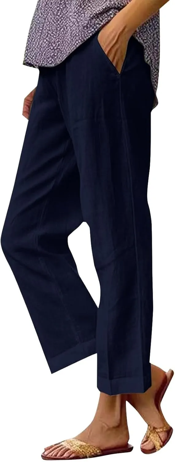 Cropped Linen Pants Women 2025 Summer Elastic Waist Straight Leg Plus Size Crop Pants Beach Trousers with Pockets