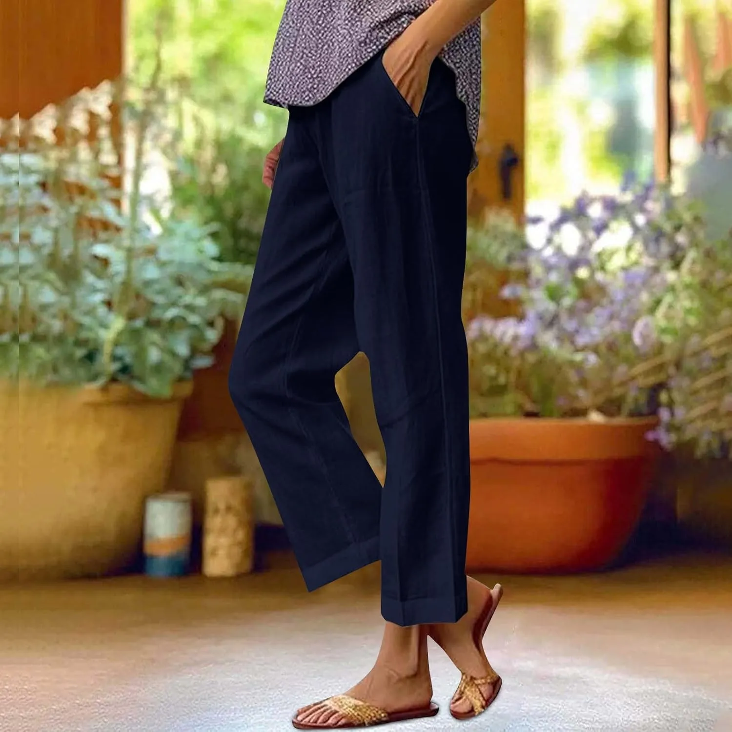 Cropped Linen Pants Women 2025 Summer Elastic Waist Straight Leg Plus Size Crop Pants Beach Trousers with Pockets