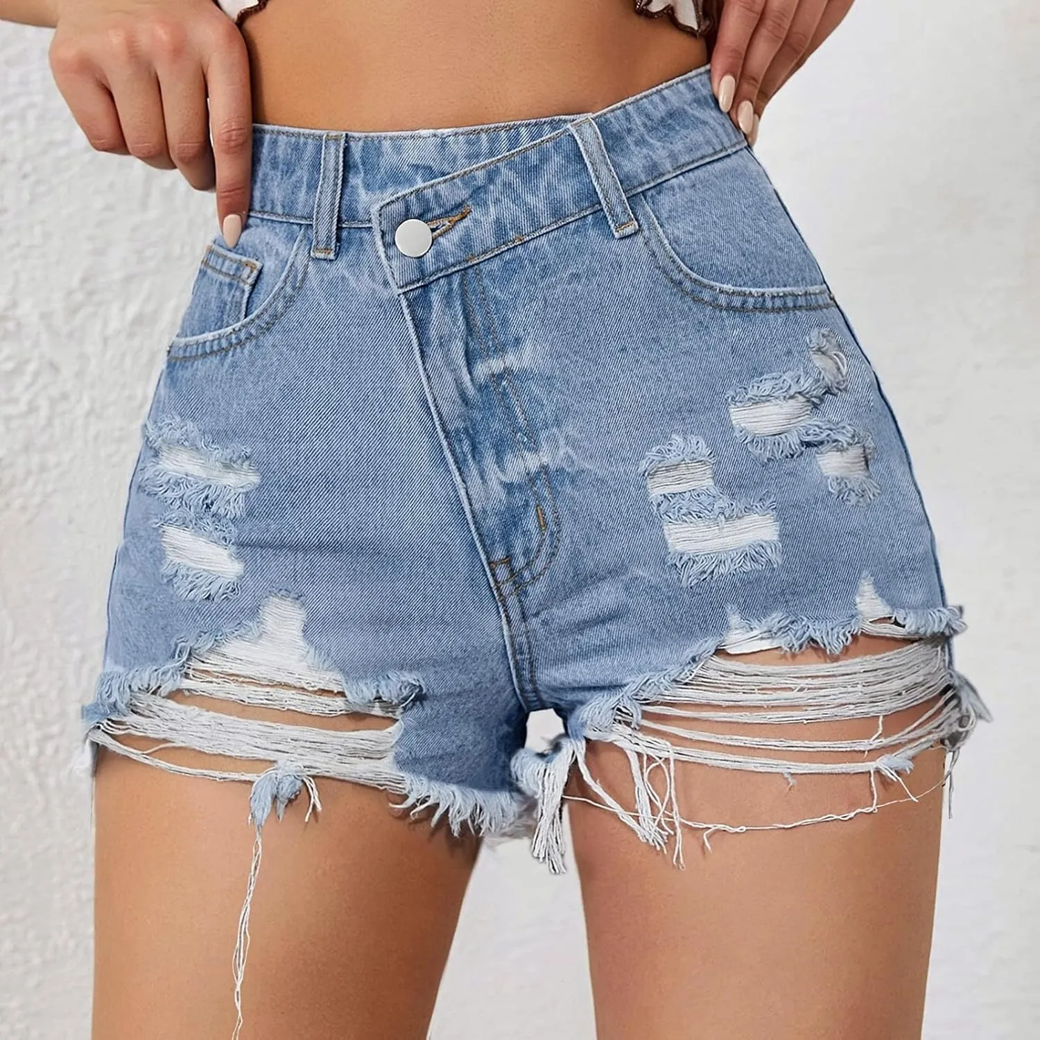 Denim Shorts Women Mid Rise Ripped Stretchy Mom Jeans Shorts Pure Color Casual Raw Hem Slim Shorts