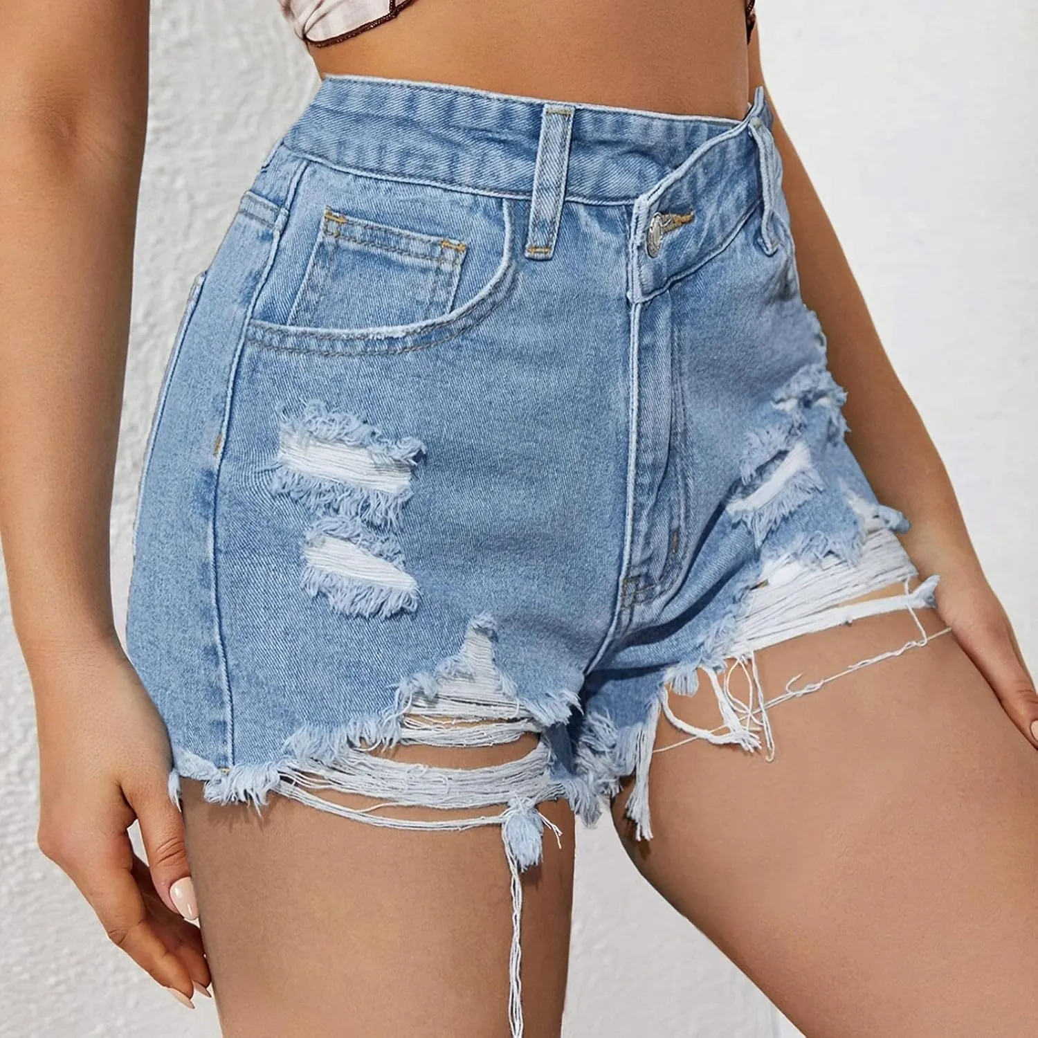 Denim Shorts Women Mid Rise Ripped Stretchy Mom Jeans Shorts Pure Color Casual Raw Hem Slim Shorts