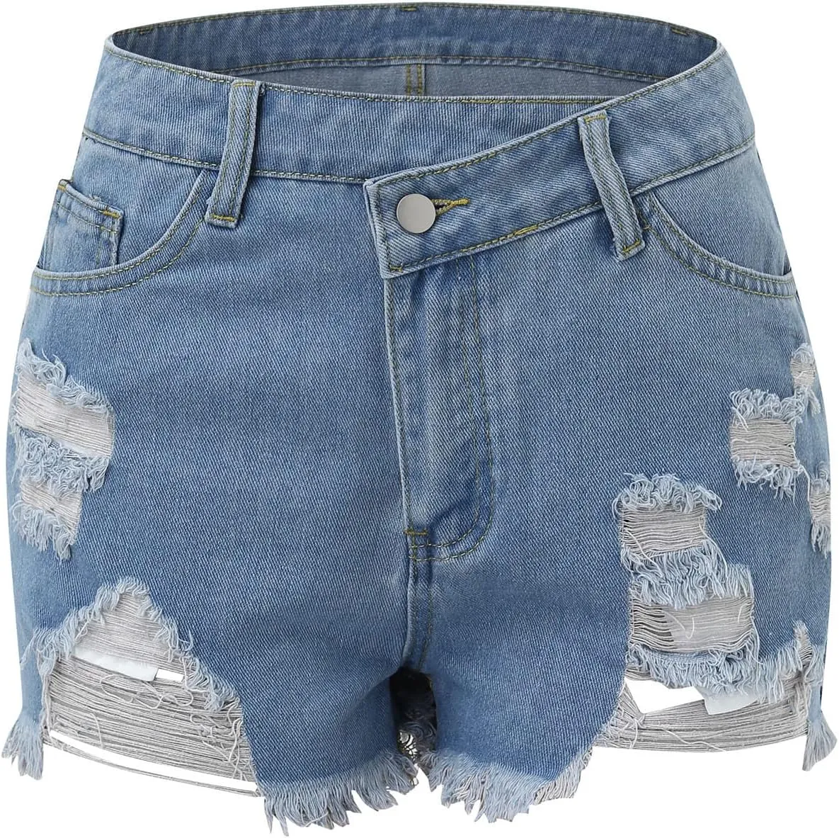 Denim Shorts Women Mid Rise Ripped Stretchy Mom Jeans Shorts Pure Color Casual Raw Hem Slim Shorts