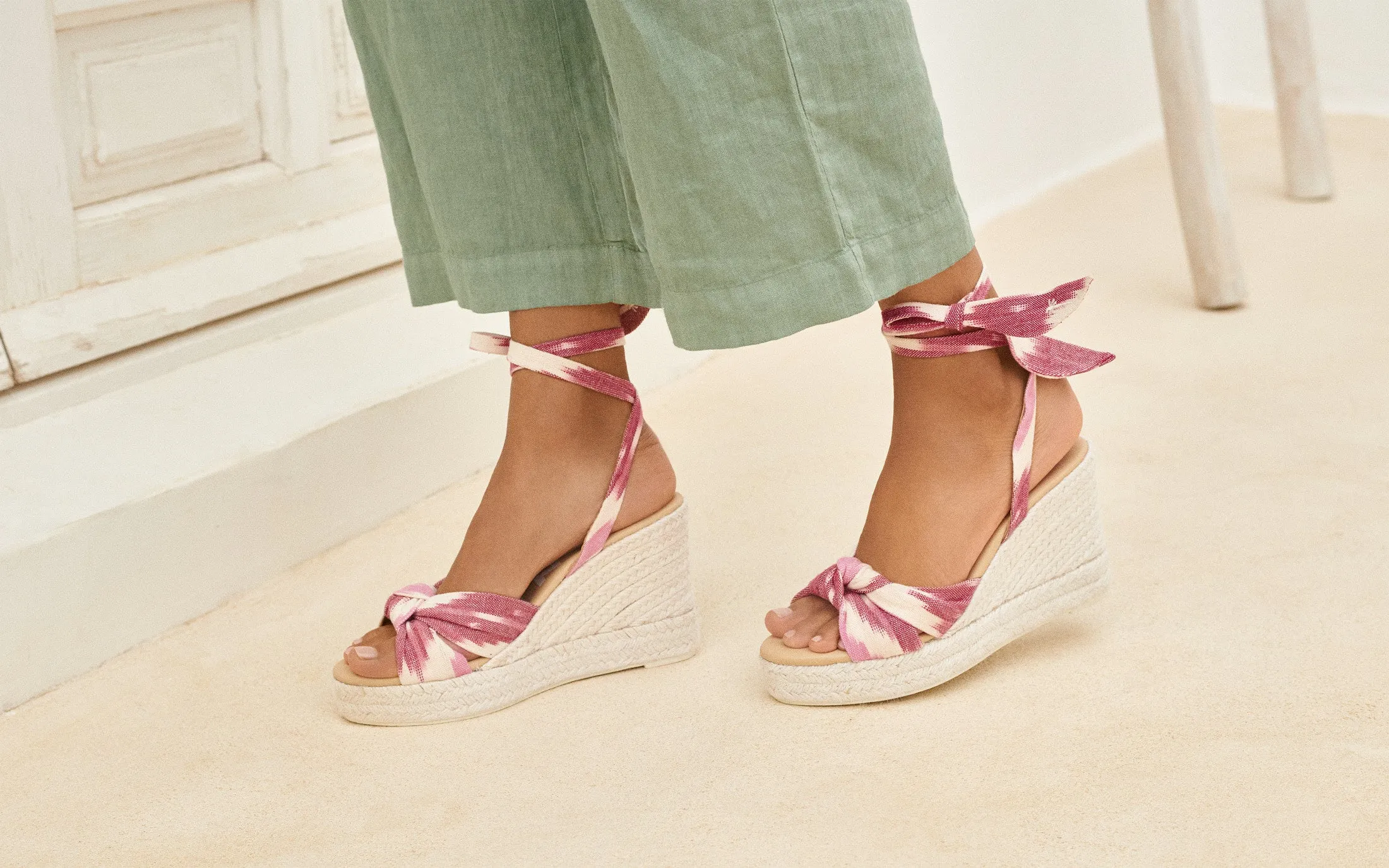 Dyed Cotton Wedge Espadrilles With Knot - G17WS - Tulum Pink And White Ikat