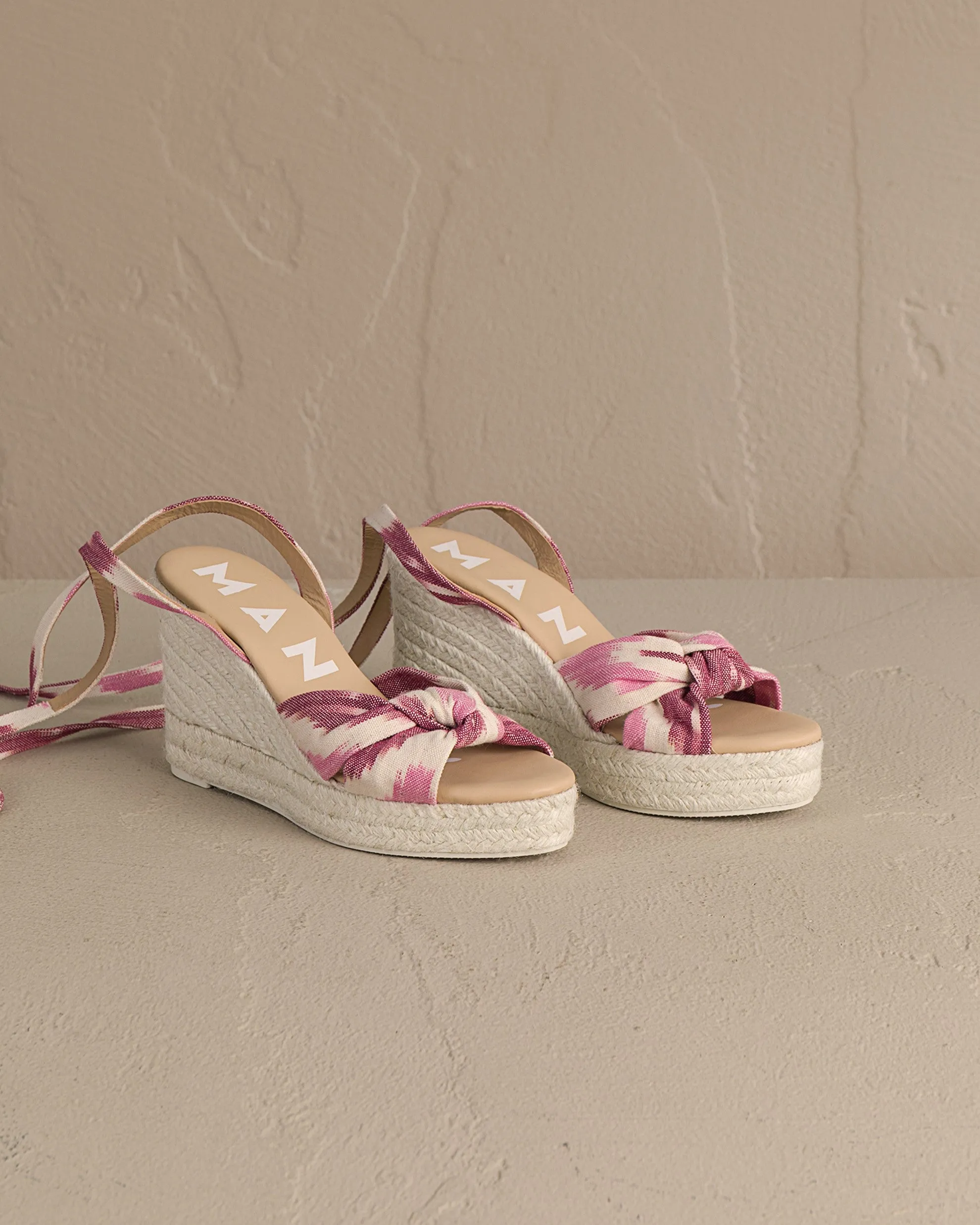 Dyed Cotton Wedge Espadrilles With Knot - G17WS - Tulum Pink And White Ikat