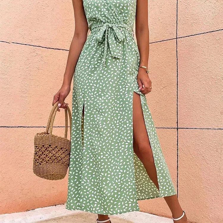 Elegant Summer Floral Print Long Dress Women V Neck Sleeveless