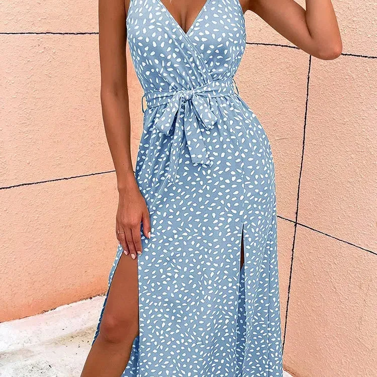 Elegant Summer Floral Print Long Dress Women V Neck Sleeveless