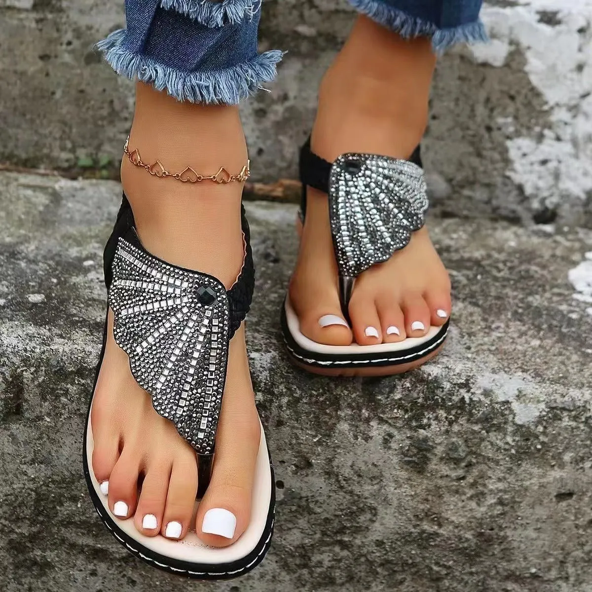 elveswallet Angel Wings Diamond Embellished Flat Sandals