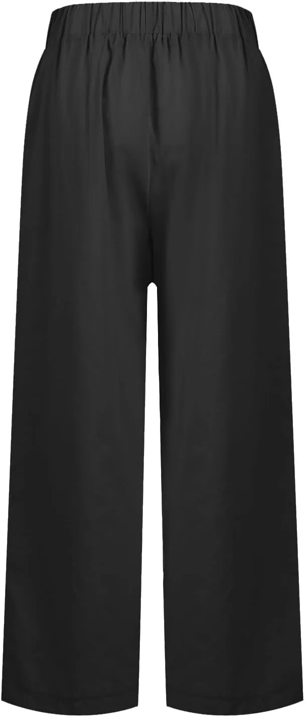 eoeioa Elastic Waisted Linen Pants Women Summer Comfy Flowy Palazzo Pants Boho Baggy Casual Pants Boho Beach Pants w/Pockets