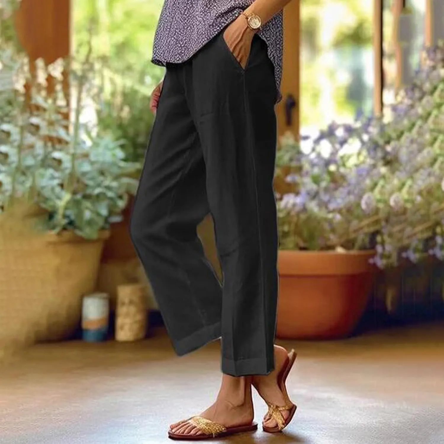 eoeioa Elastic Waisted Linen Pants Women Summer Comfy Flowy Palazzo Pants Boho Baggy Casual Pants Boho Beach Pants w/Pockets