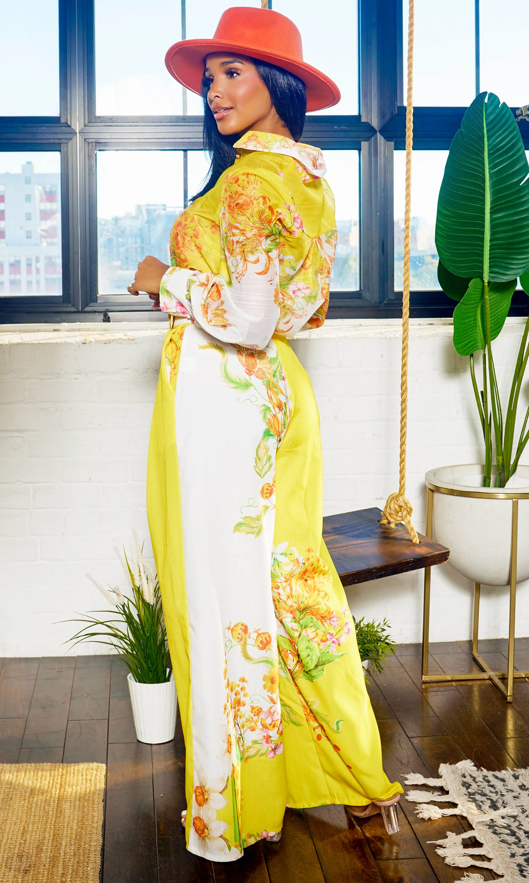 Fancy Floral | Long Belted Pants Set - Yellow Artwork Print FINAL SALE