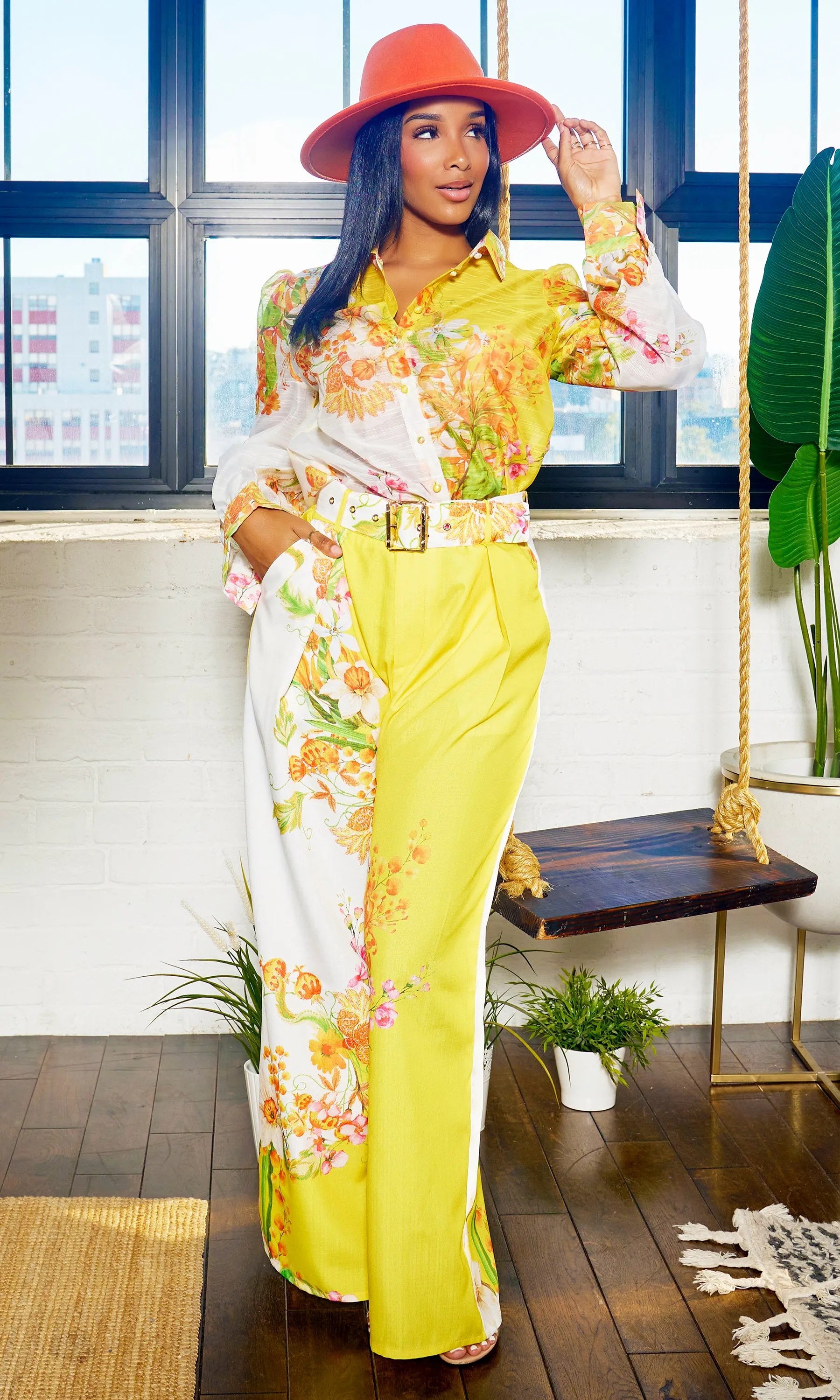 Fancy Floral | Long Belted Pants Set - Yellow Artwork Print FINAL SALE