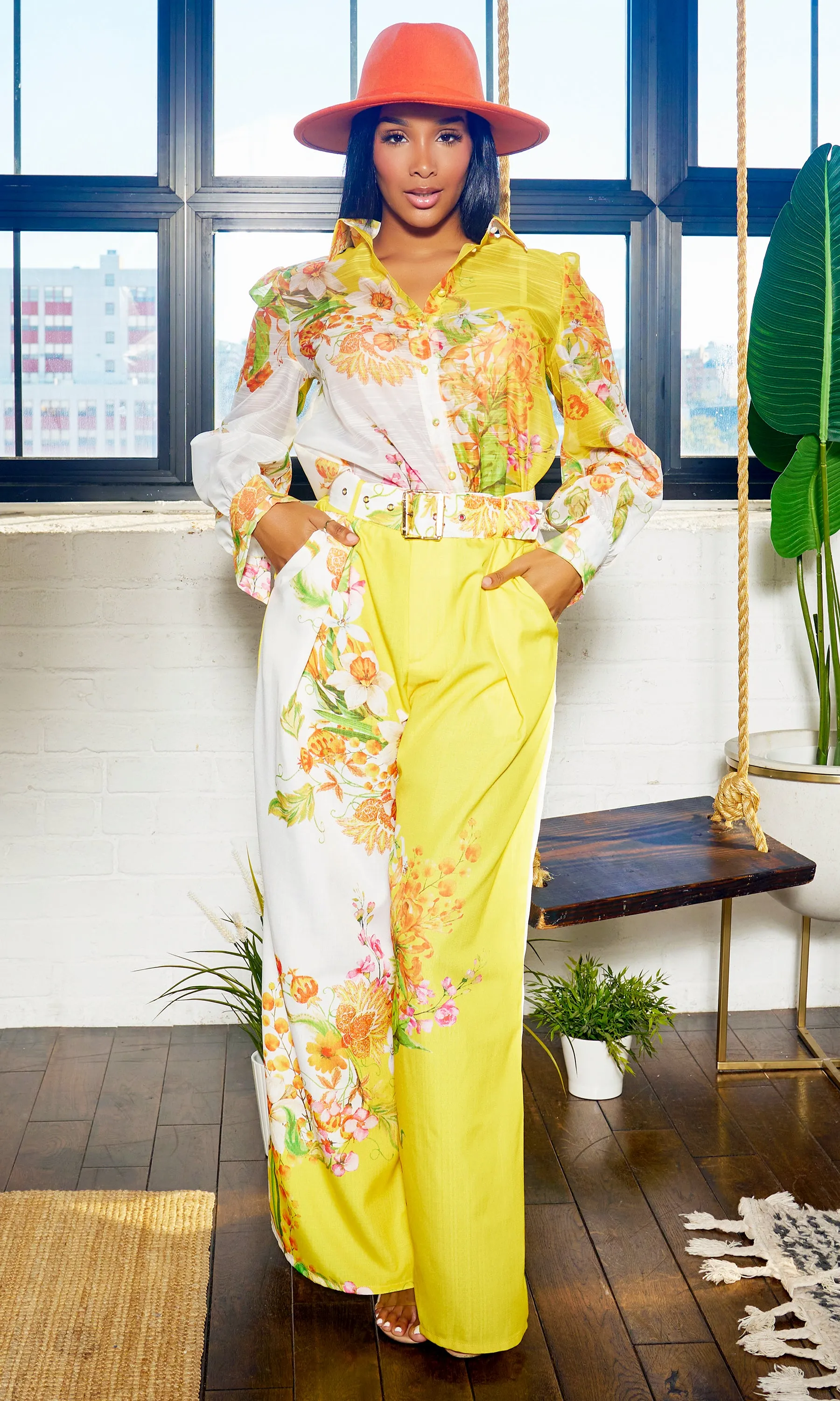 Fancy Floral | Long Belted Pants Set - Yellow Artwork Print FINAL SALE