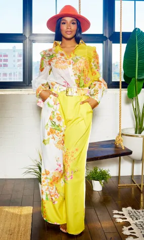 Fancy Floral | Long Belted Pants Set - Yellow Artwork Print FINAL SALE