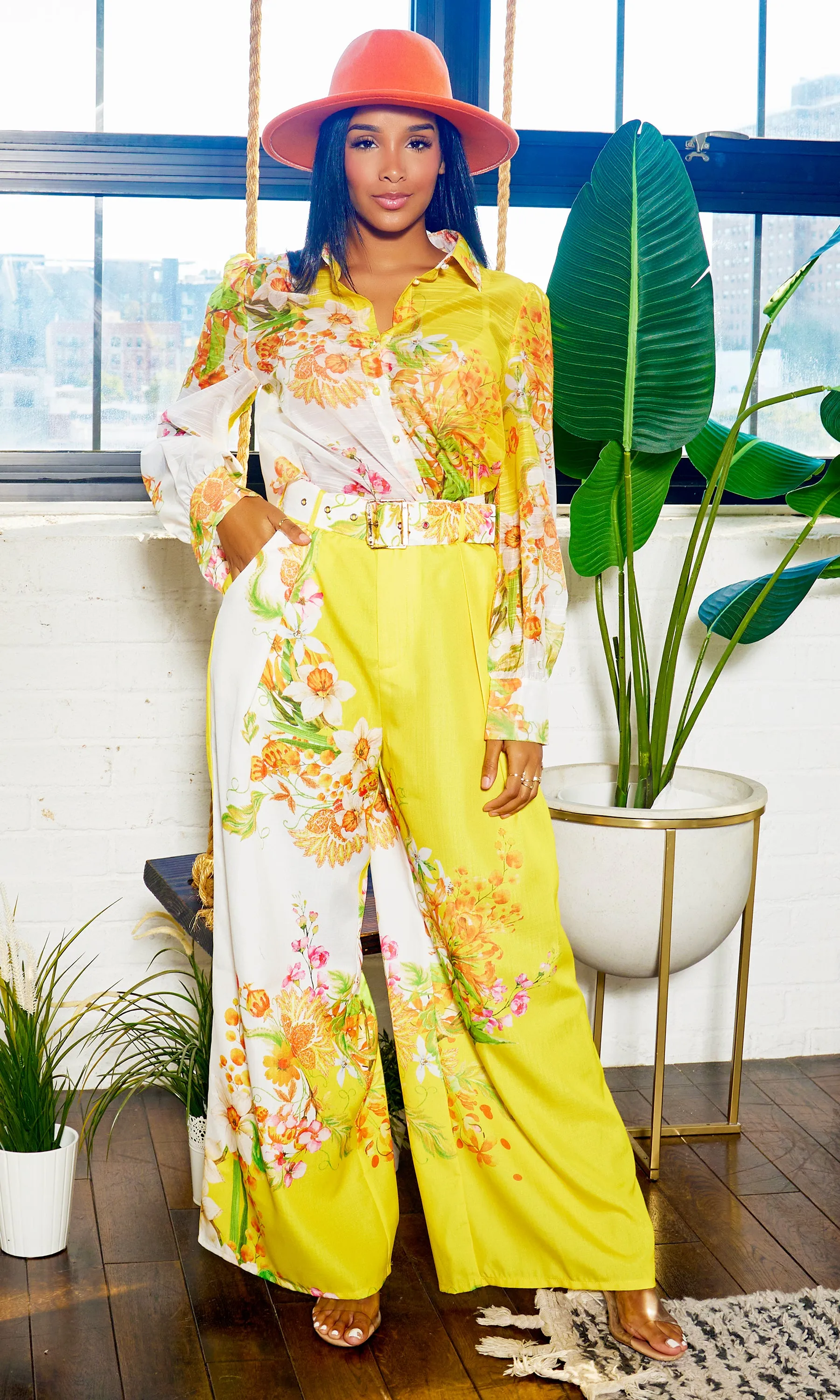Fancy Floral | Long Belted Pants Set - Yellow Artwork Print FINAL SALE