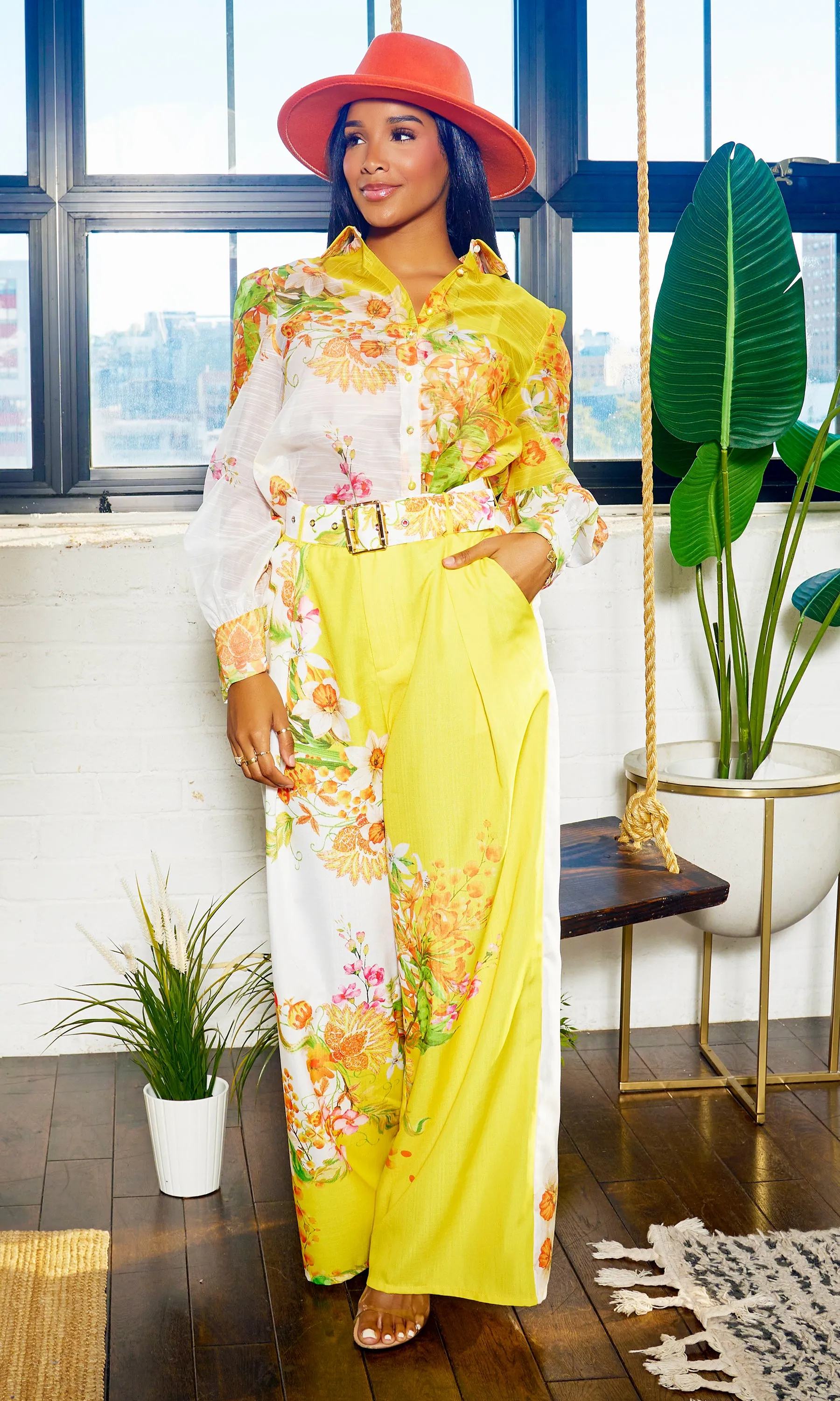 Fancy Floral | Long Belted Pants Set - Yellow Artwork Print FINAL SALE