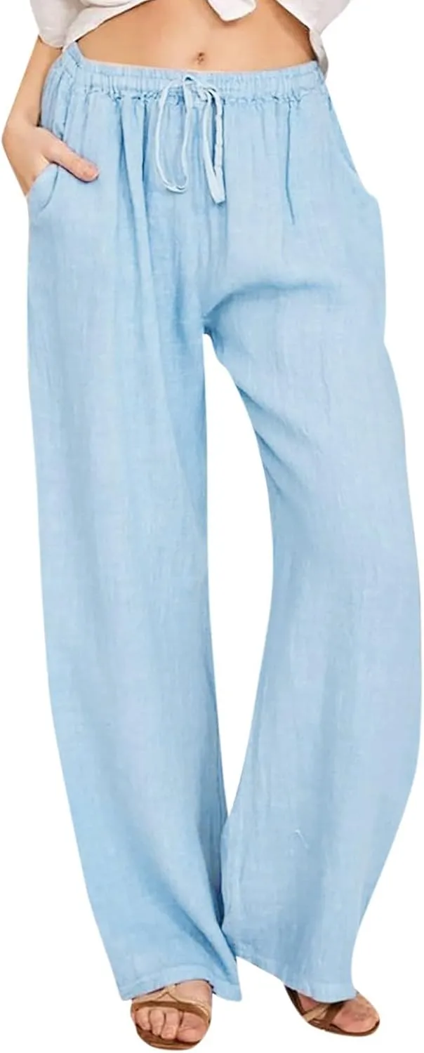 Geleglaer Linen Pants for Women Summer Lightweight Drawstring High Waisted Pants Casual Loose Wide Leg Trousers with Pockets