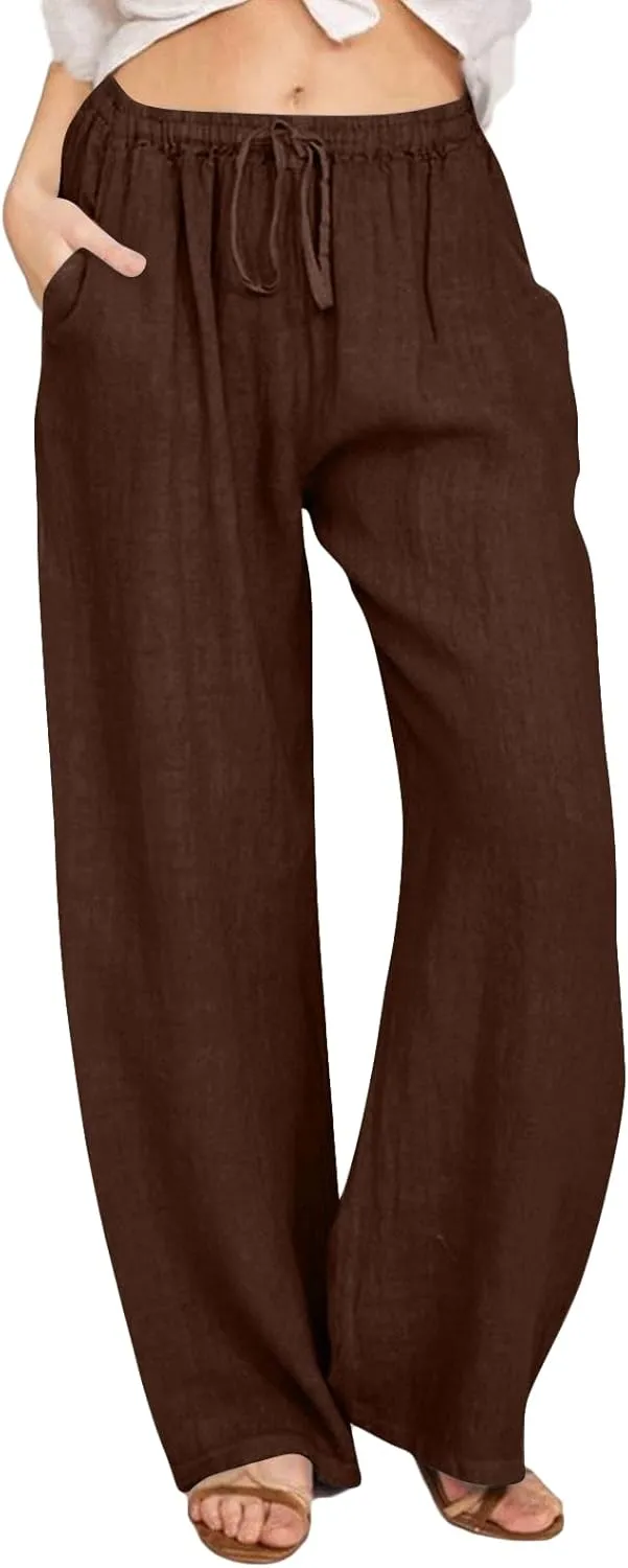 Geleglaer Linen Pants for Women Summer Lightweight Drawstring High Waisted Pants Casual Loose Wide Leg Trousers with Pockets