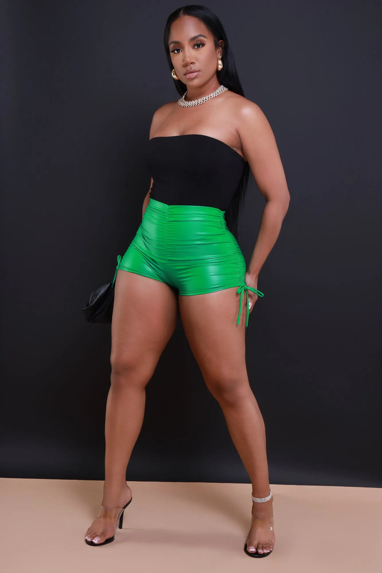 Green Screen Faux Leather Ruched Shorts - Kelly Green